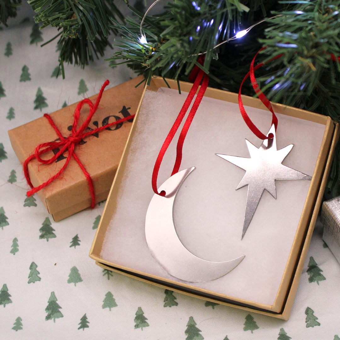 Set of Star & Moon Stainless Steel Christmas Decorations by Pivot