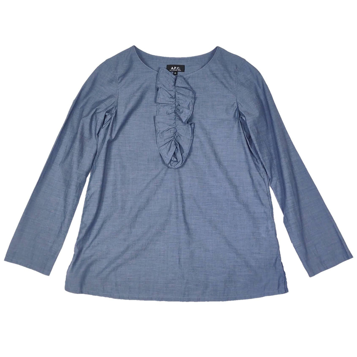 A.P.C. Ruffle Front Blue Chambray Top