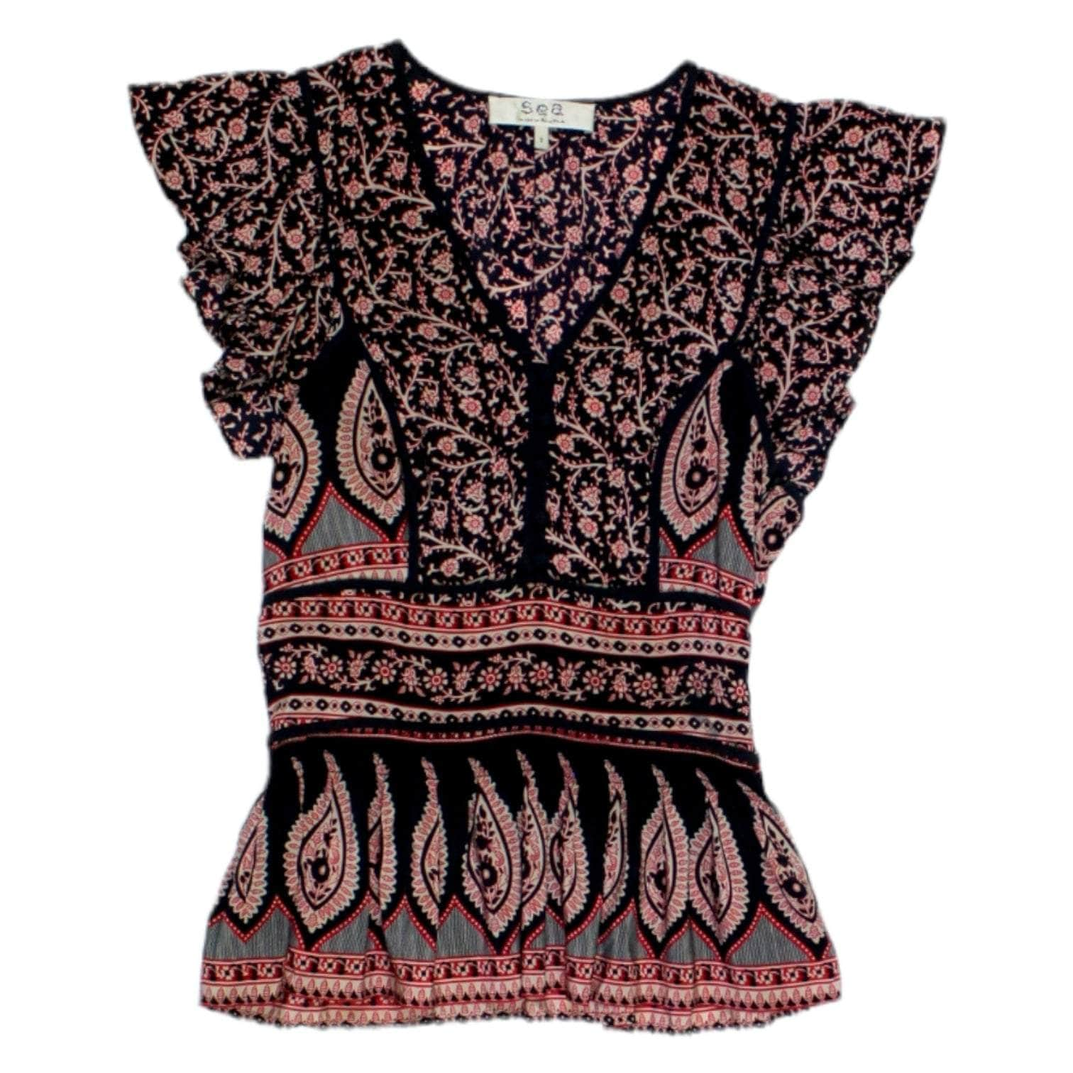 Sea Navy & Red Paisley Silk Top