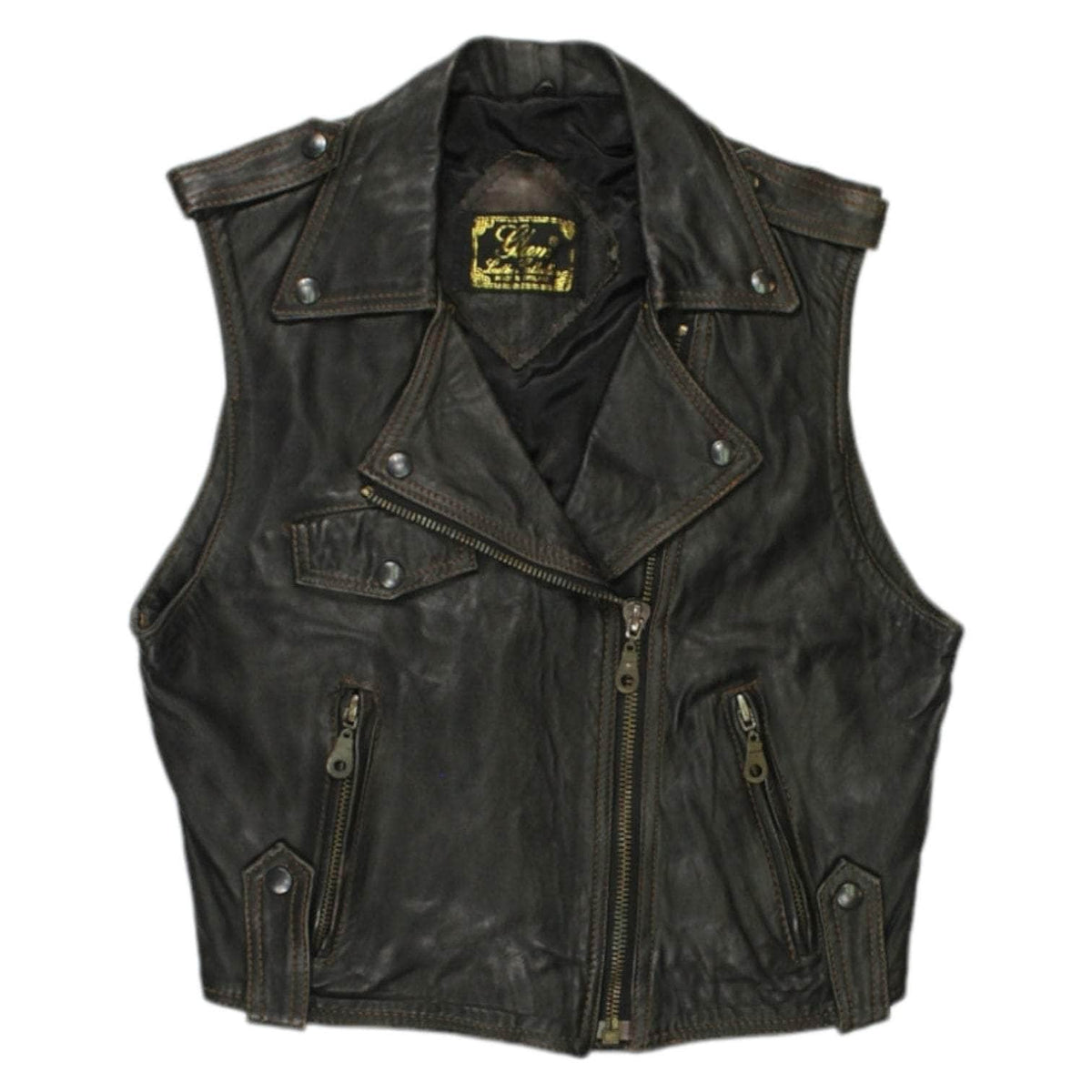 Vintage Glam Brown Leather Biker Waistcoat