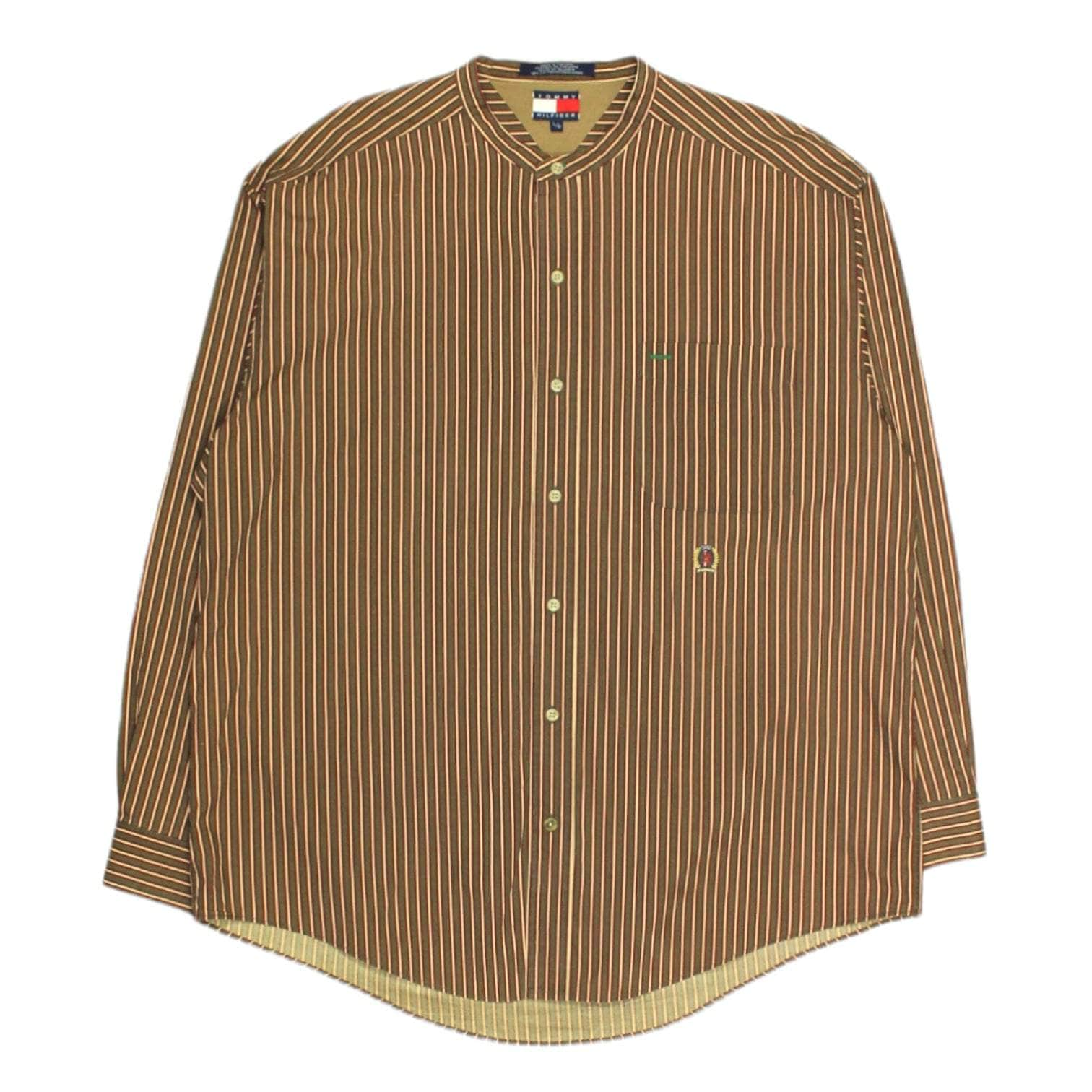 Tommy Hilfiger Brown Red Cream Striped Collarless Shirt