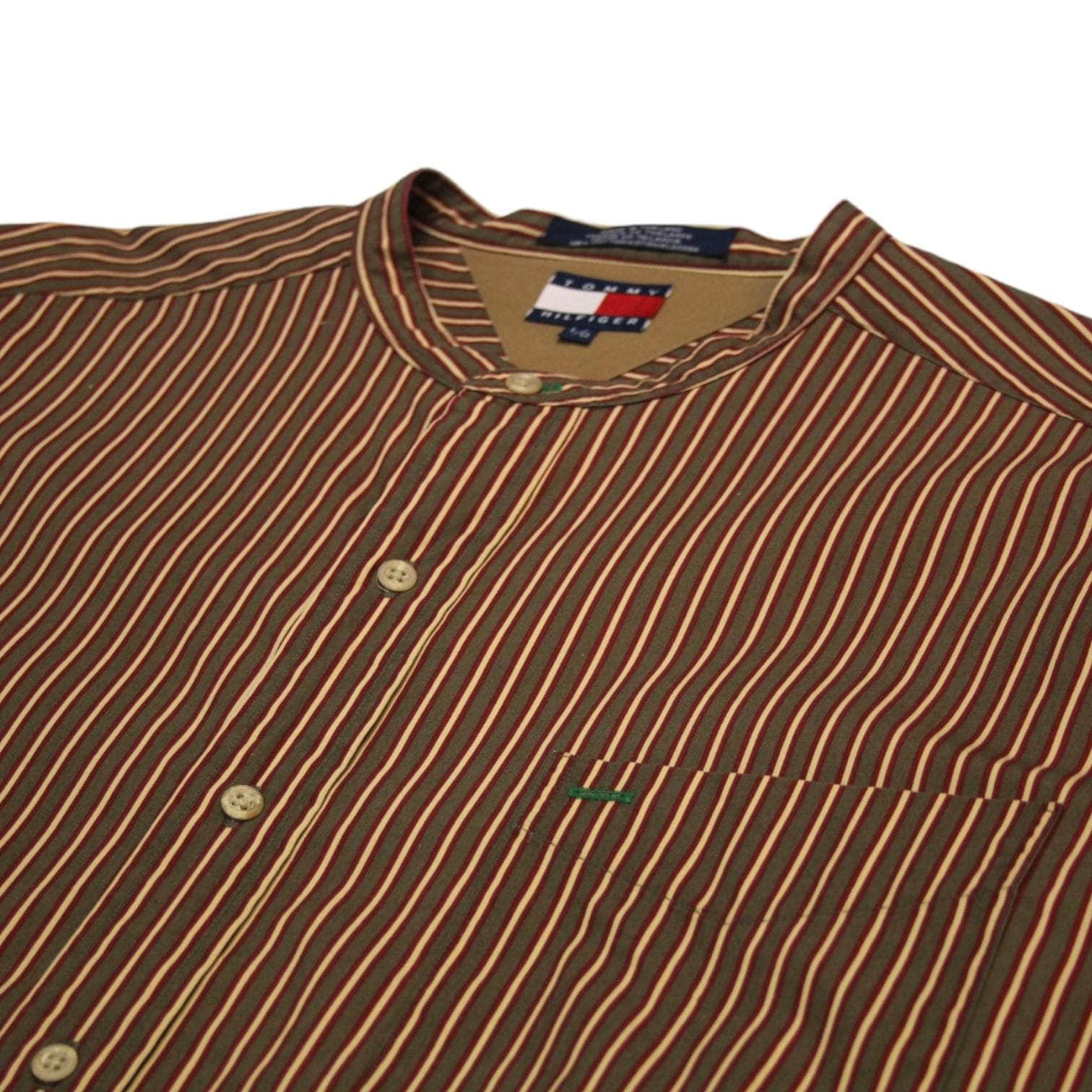 Tommy Hilfiger Brown Red Cream Striped Collarless Shirt